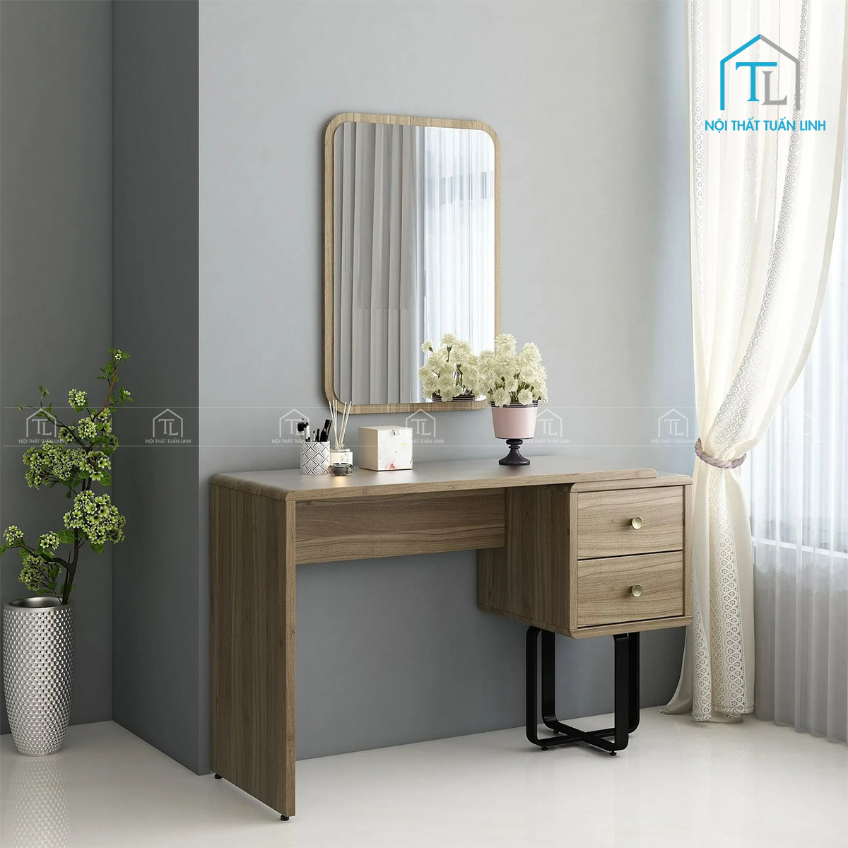 Bàn trang điểm gỗ công nghiệp màu teak tự nhiên thiết kế hiện đại