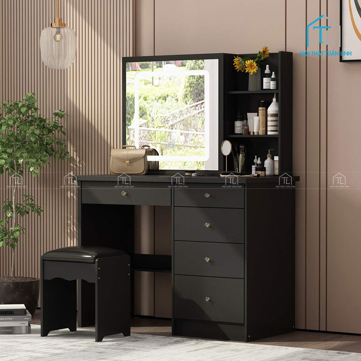Bàn trang điểm gỗ MDF gương trượt LED thiết kế hiện đại nhiều ngăn