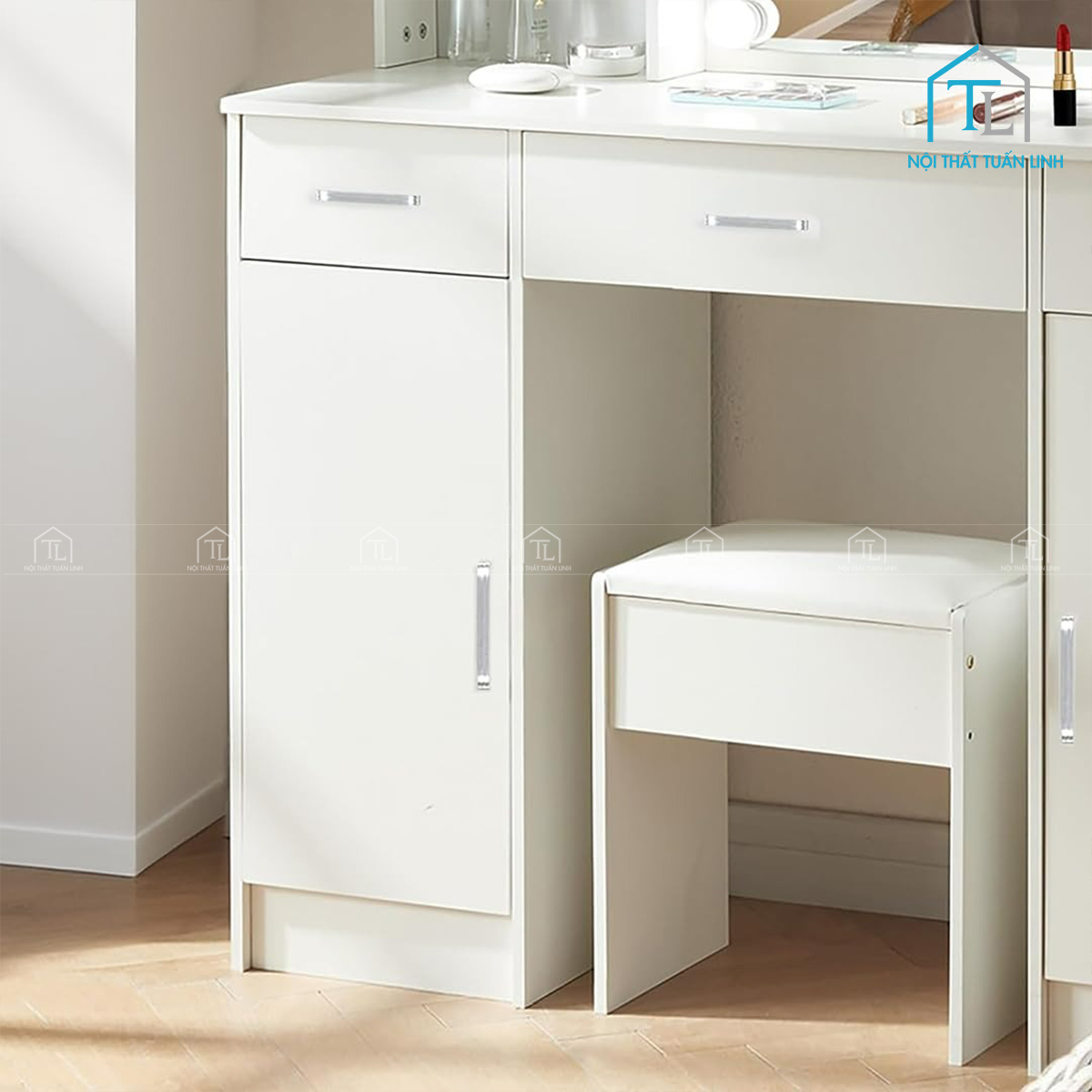 Bàn trang điểm MDF hiện đại tích hợp gương LED và ghế ngồi