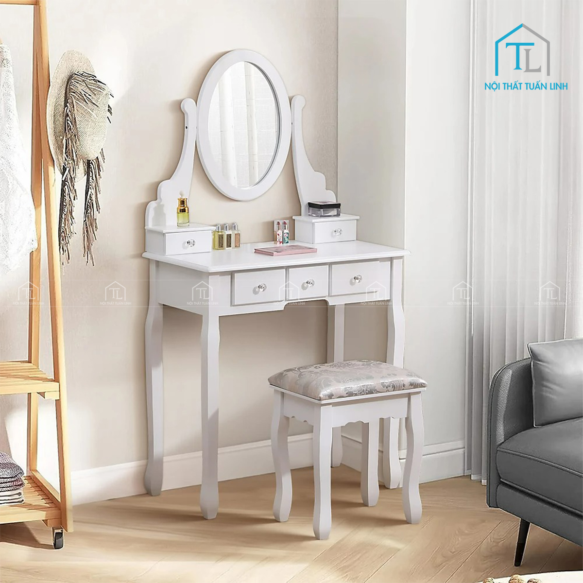 Bàn trang điểm MDF màu trắng 5 ngăn kéo kèm ghế bọc nệm