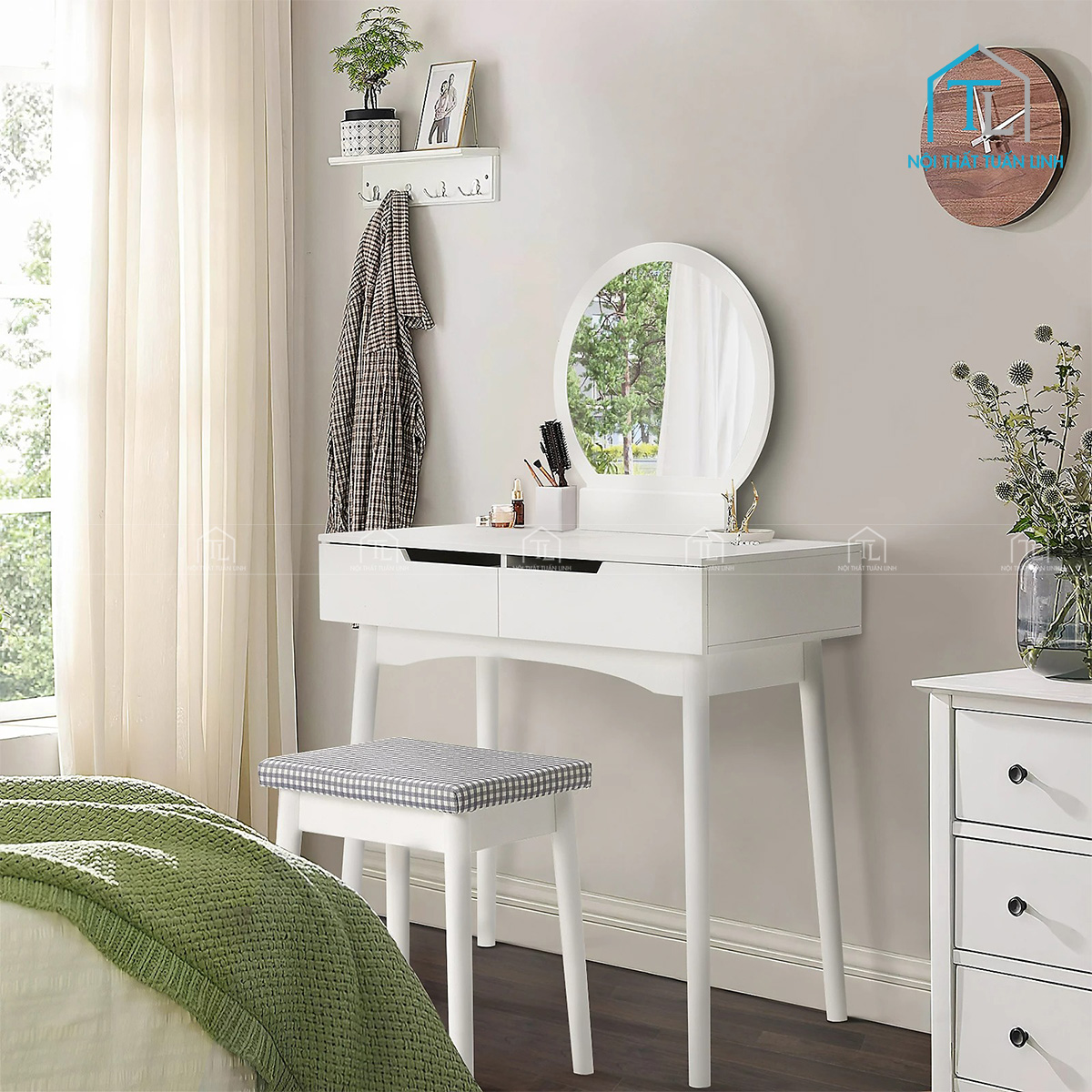 Bàn trang điểm MDF phong cách tân cổ điển kèm ghế ngồi màu trắng