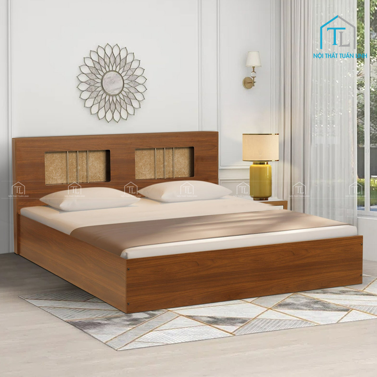Giường ngủ gỗ công nghiệp có ngăn kéo thiết kế hiện đại, đầu giường tiện ích