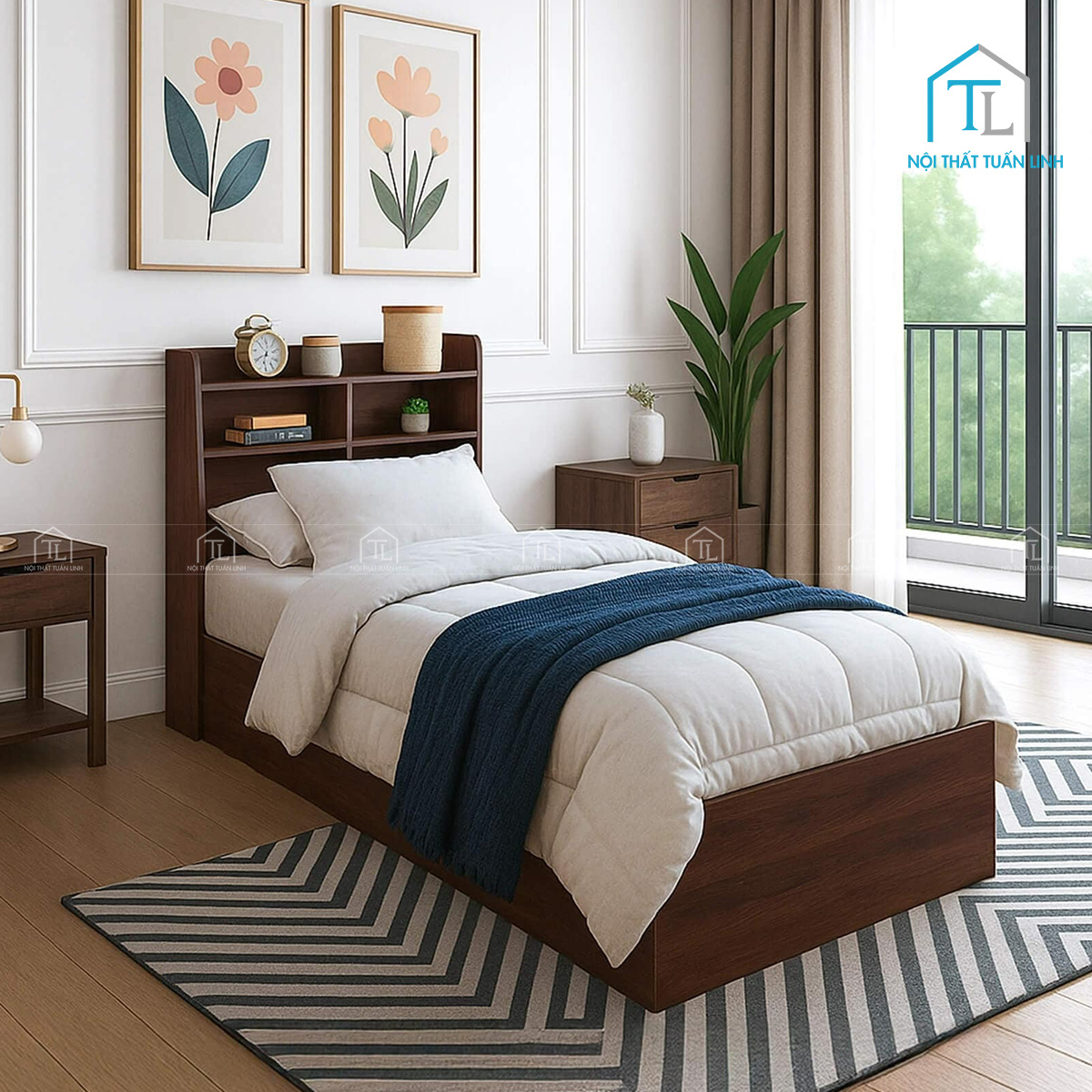 Giường đơn gỗ công nghiệp vân gỗ óc chó tiện lợi