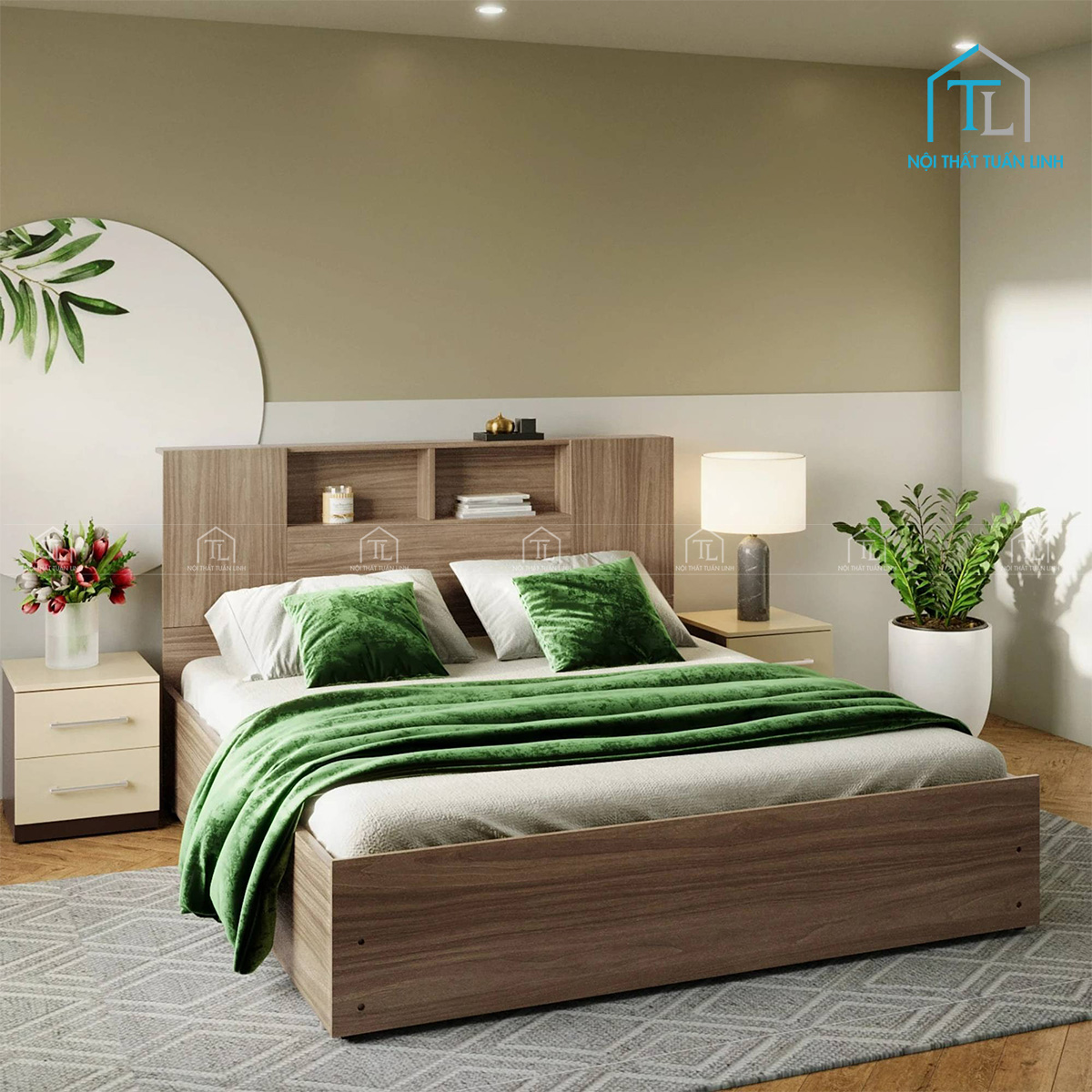 Giường ngủ gỗ công nghiệp có ngăn kéo thiết kế hiện đại, đầu giường tiện ích