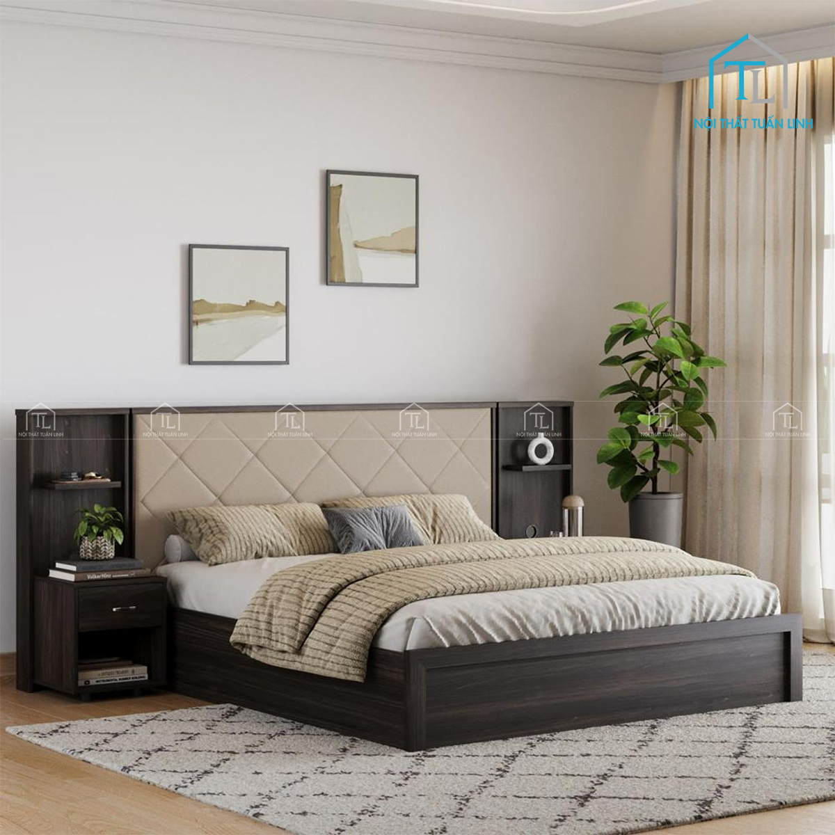 Giường ngủ gỗ công nghiệp đầu giường bọc nệm, có hộc chứa đồ