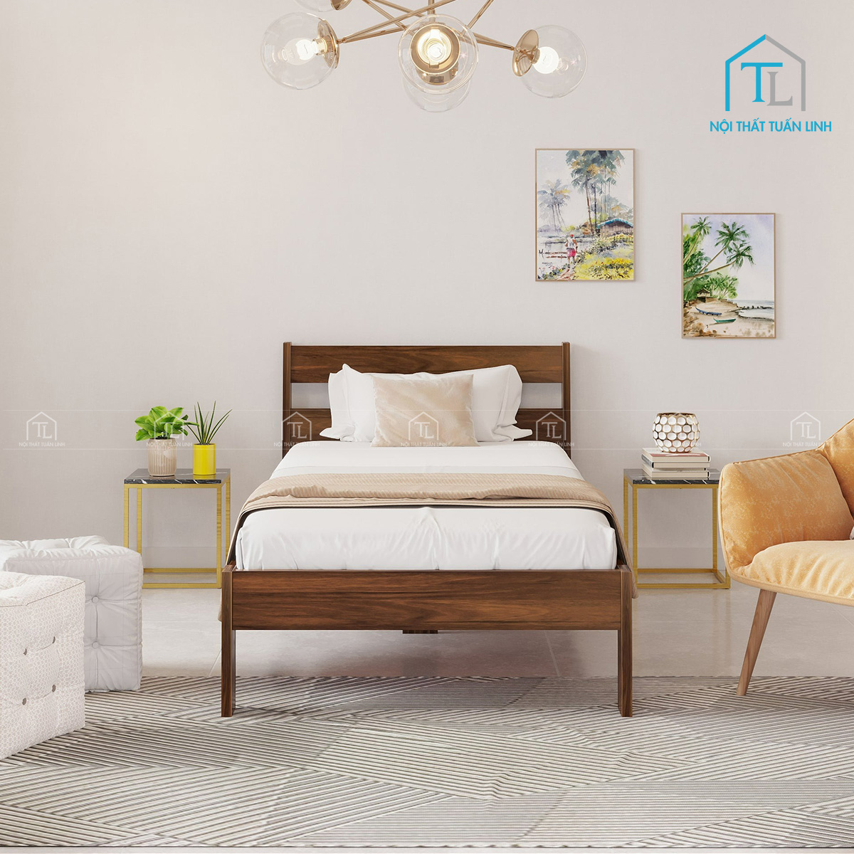 Giường ngủ gỗ công nghiệp đơn phong cách tối giản