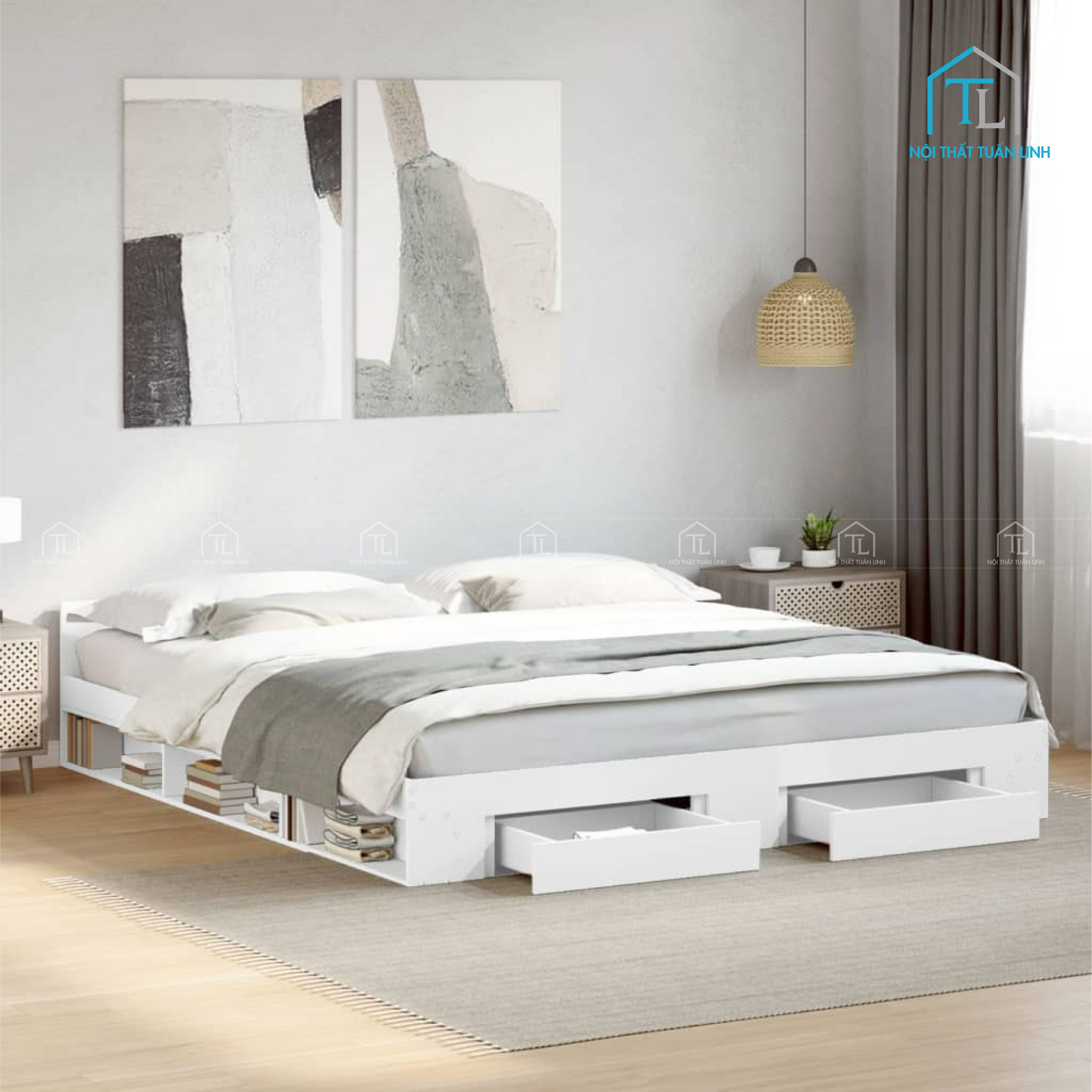 Giường ngủ gỗ công nghiệp màu trắng có ngăn kéo (1m4 x 2m)