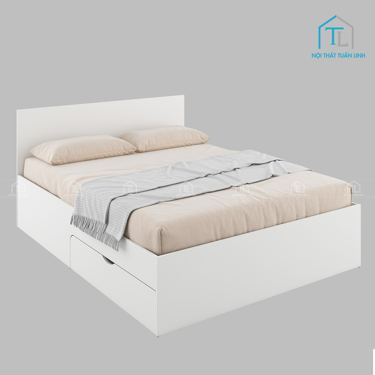 Giường ngủ gỗ công nghiệp màu trắng tích hợp ngăn kéo, hộc chứa tiện nghi