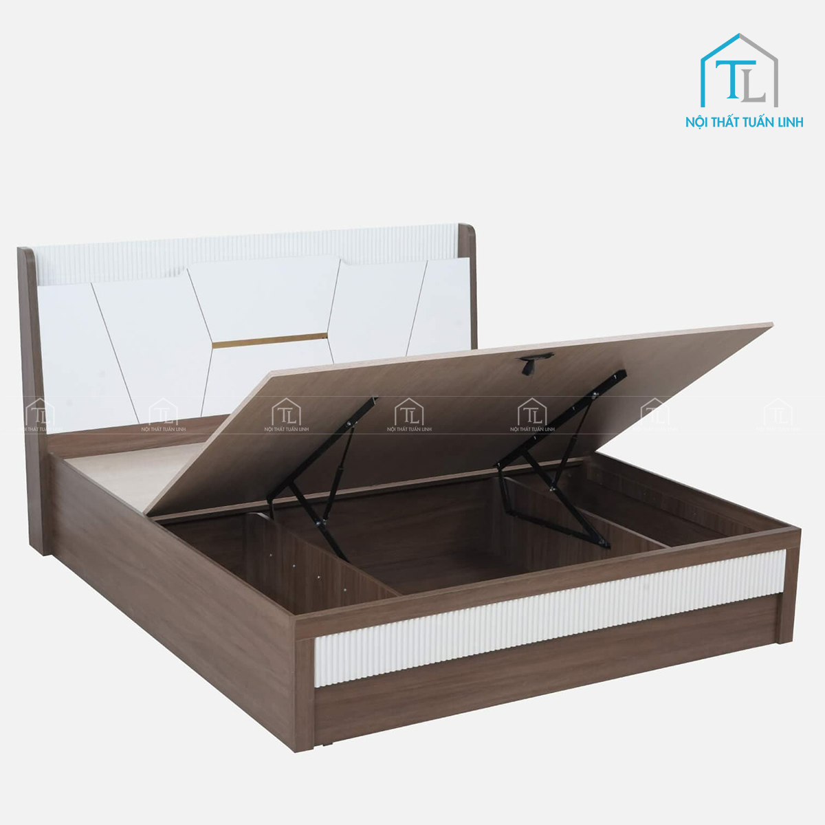 Giường ngủ gỗ công nghiệp vân gỗ óc chó phối trắng bóng có ngăn chứa tiện lợi