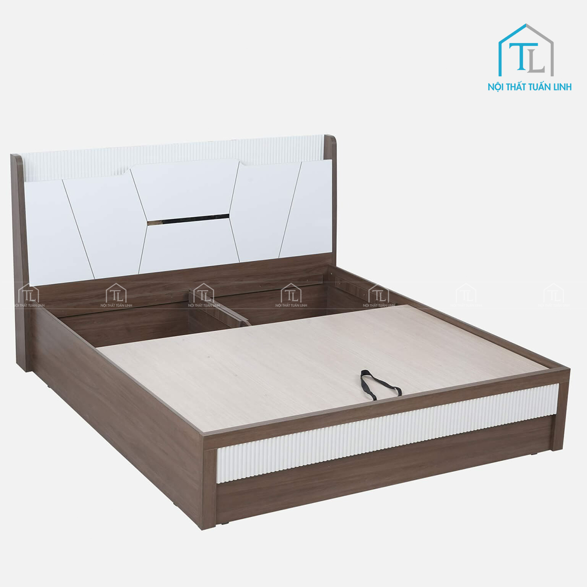 Giường ngủ gỗ công nghiệp vân gỗ óc chó phối trắng bóng có ngăn chứa tiện lợi