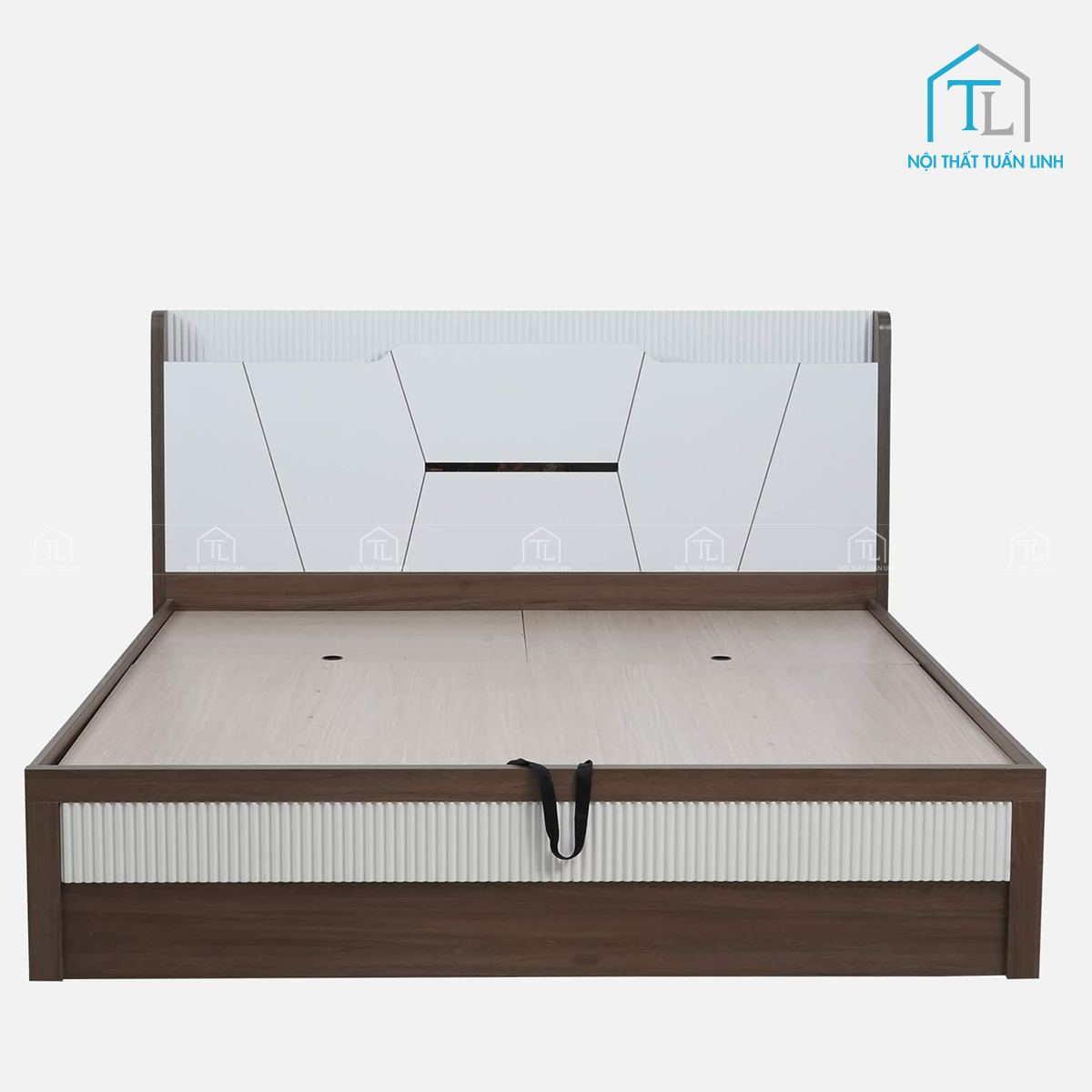 Giường ngủ gỗ công nghiệp vân gỗ óc chó phối trắng bóng có ngăn chứa tiện lợi