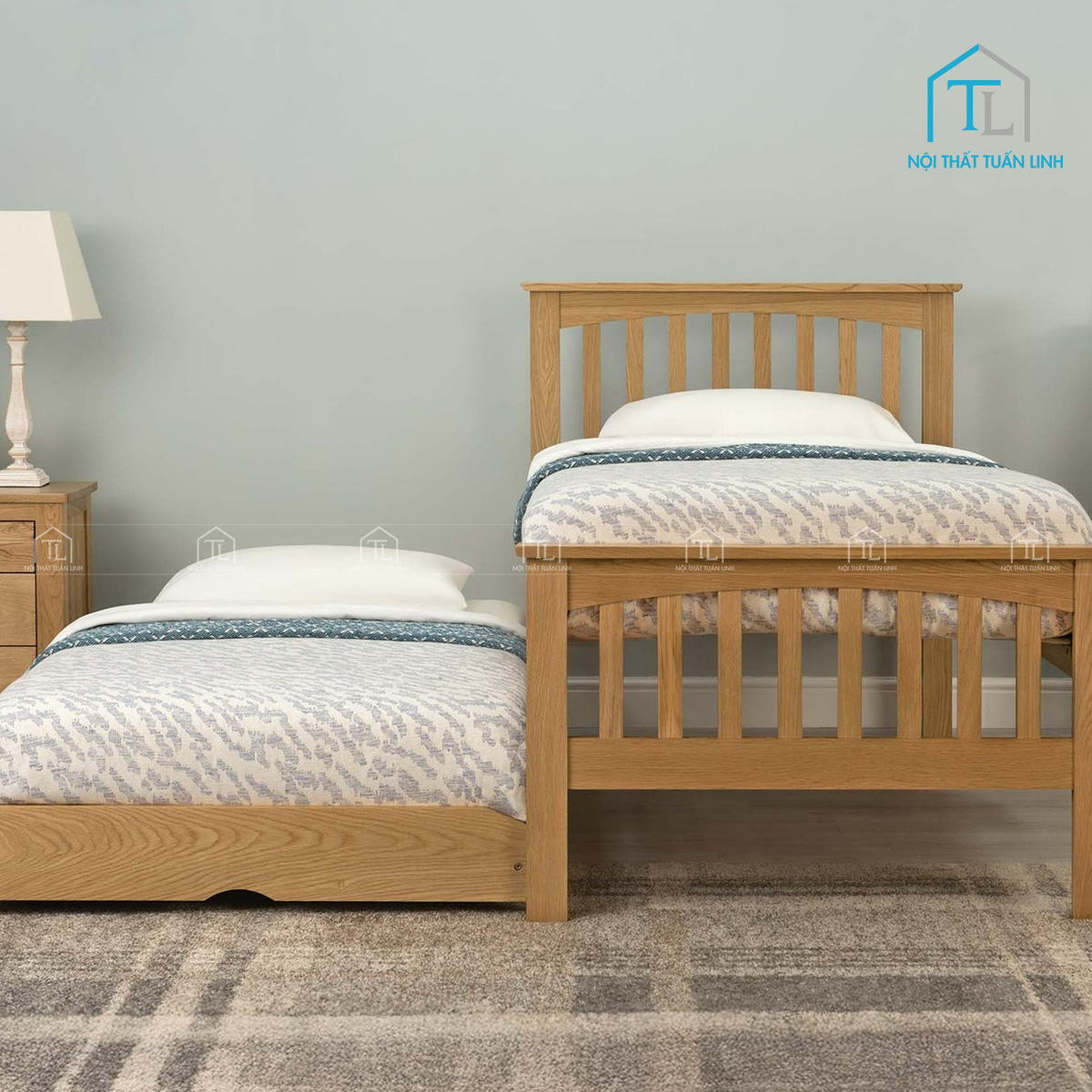 Giường ngủ gỗ sồi tự nhiên kèm giường phụ thông minh phong cách hiện đại