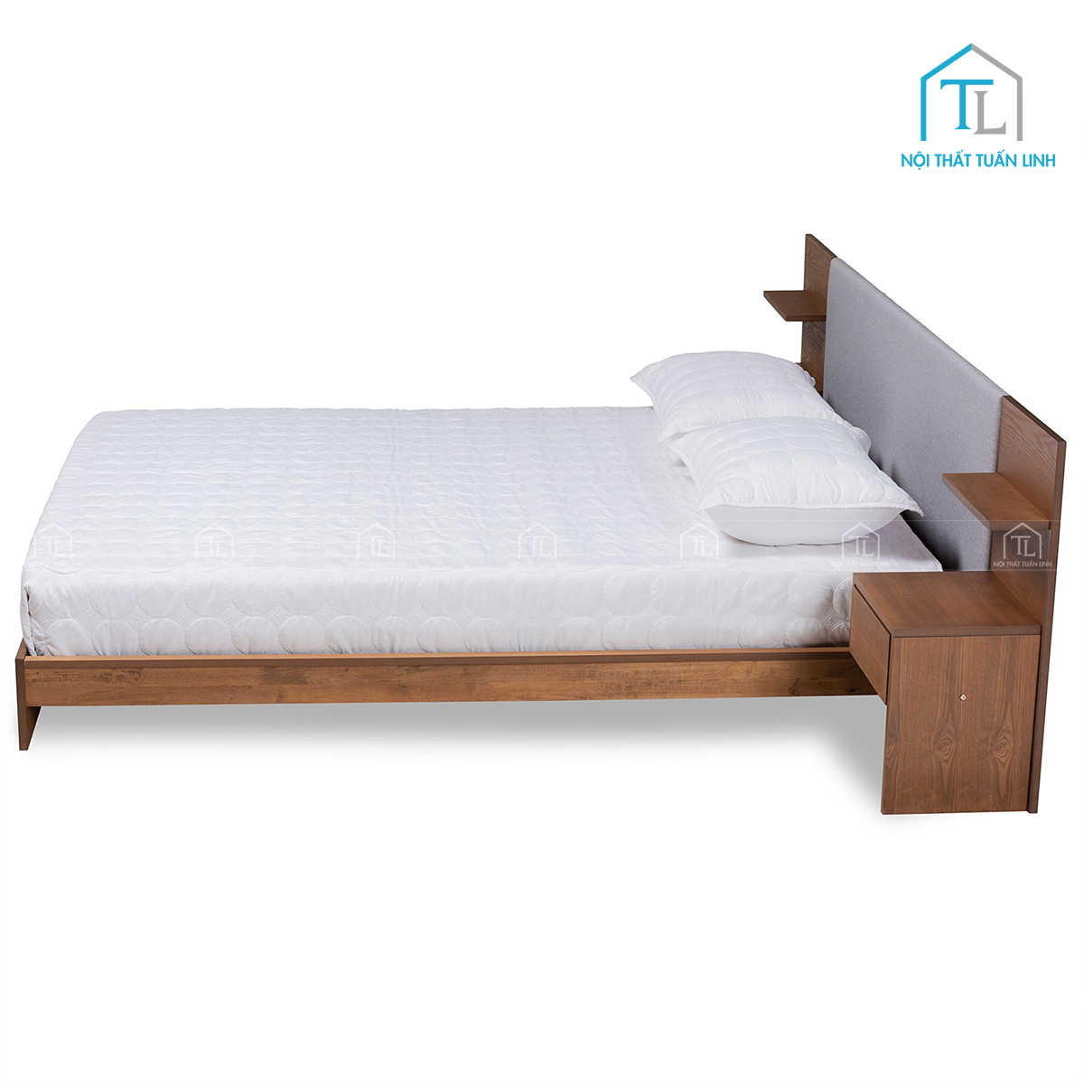 Giường ngủ gỗ công nghiệp có bọc nệm và ngăn kéo đầu giường