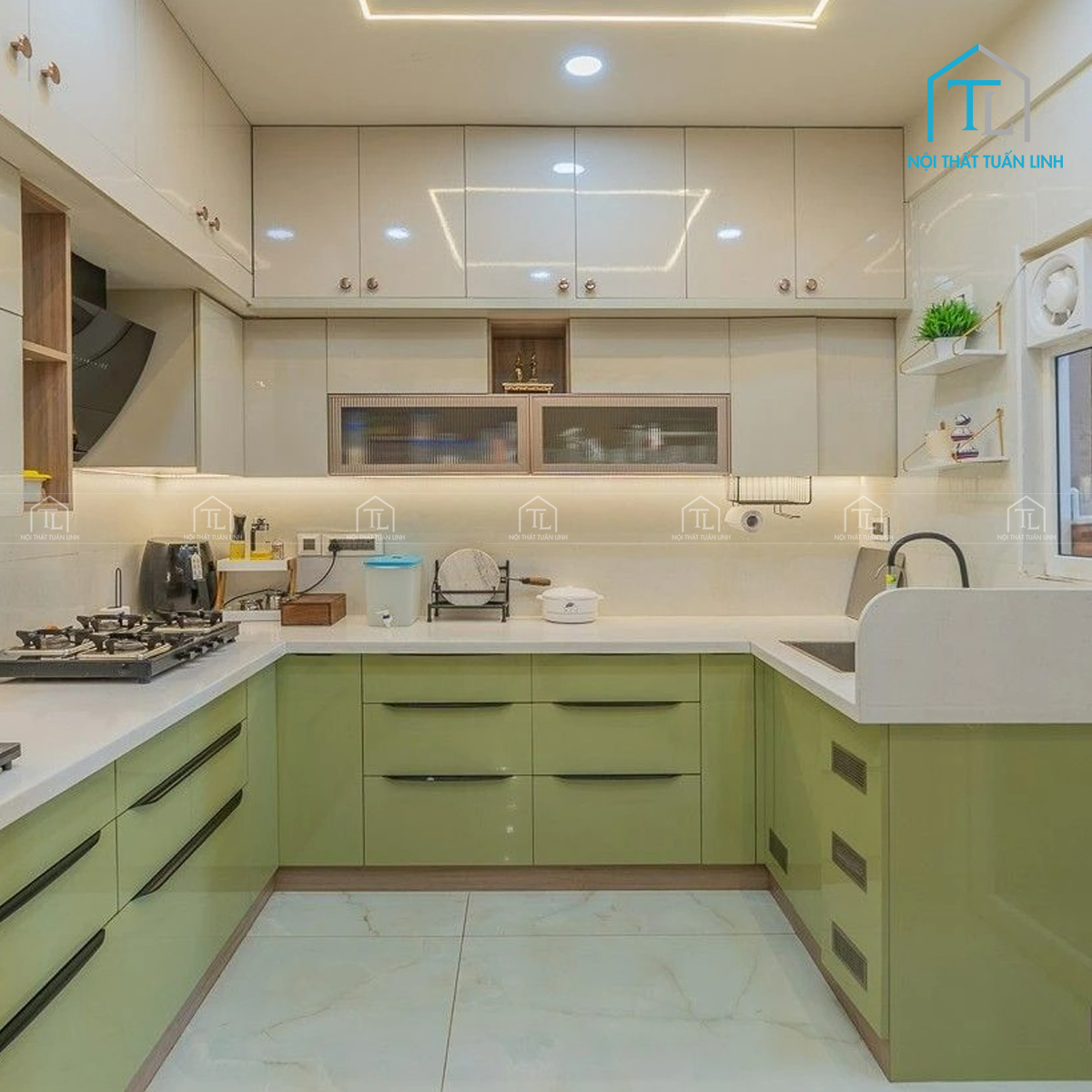 Tủ bếp Acrylic màu xanh tinh tế phong cách hiện đại