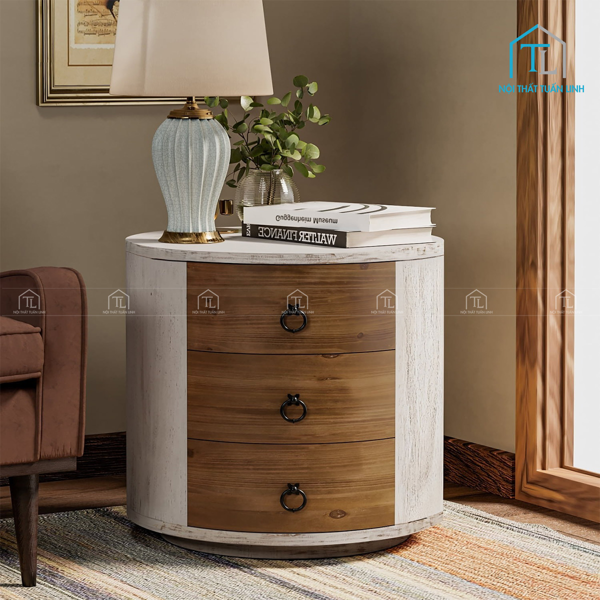 Tủ đầu giường tròn MDF màu trắng phối vân gỗ 3 ngăn kéo