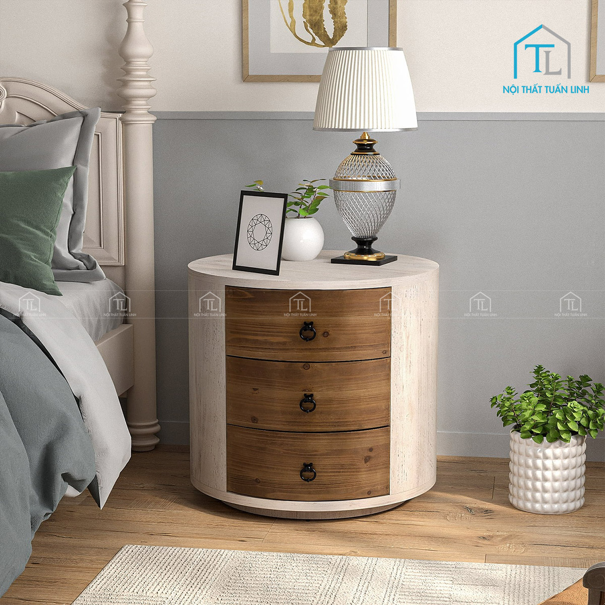 Tủ đầu giường tròn MDF màu trắng phối vân gỗ 3 ngăn kéo