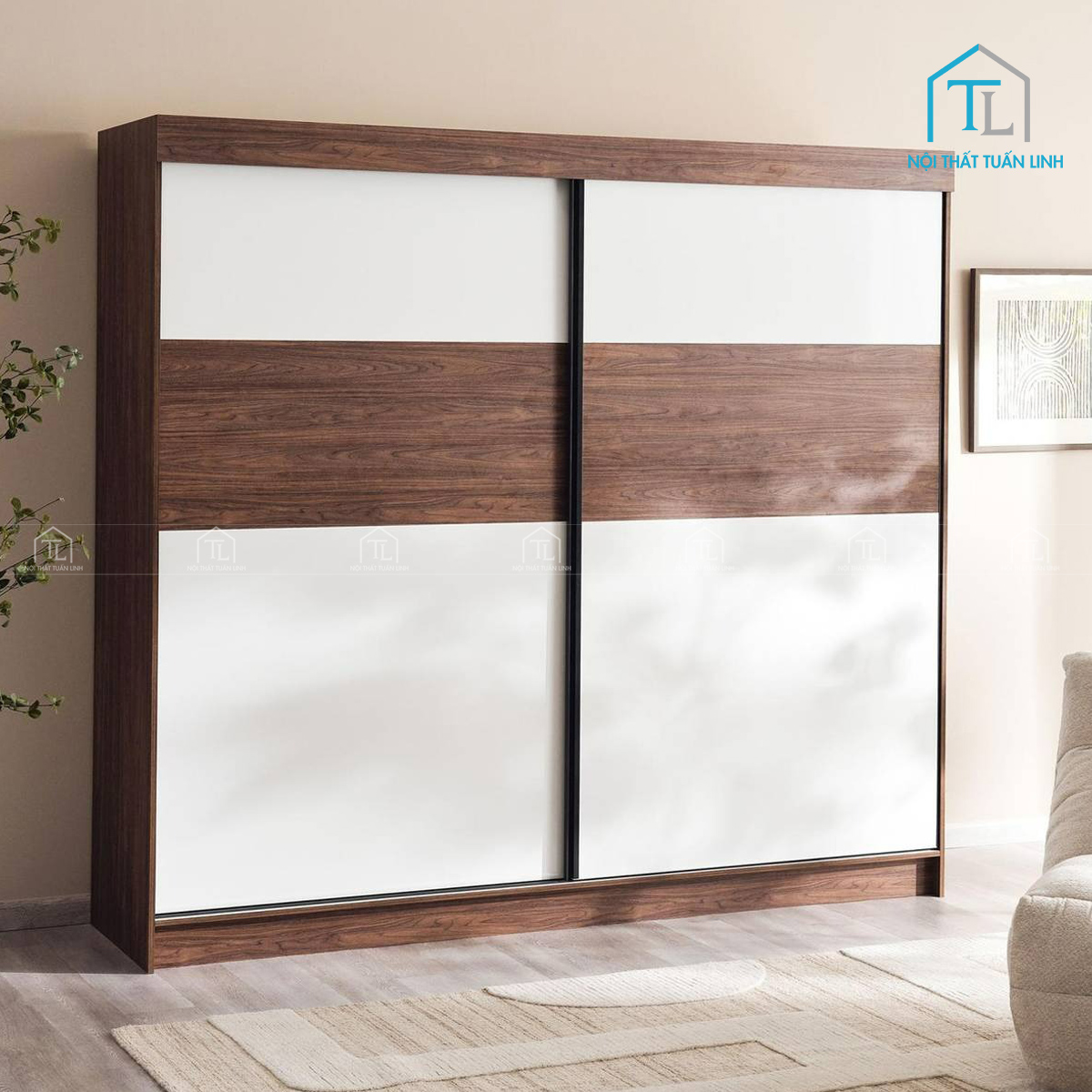 Tủ quần áo 2 cánh cửa lùa gỗ MDF vân gỗ óc chó cao cấp
