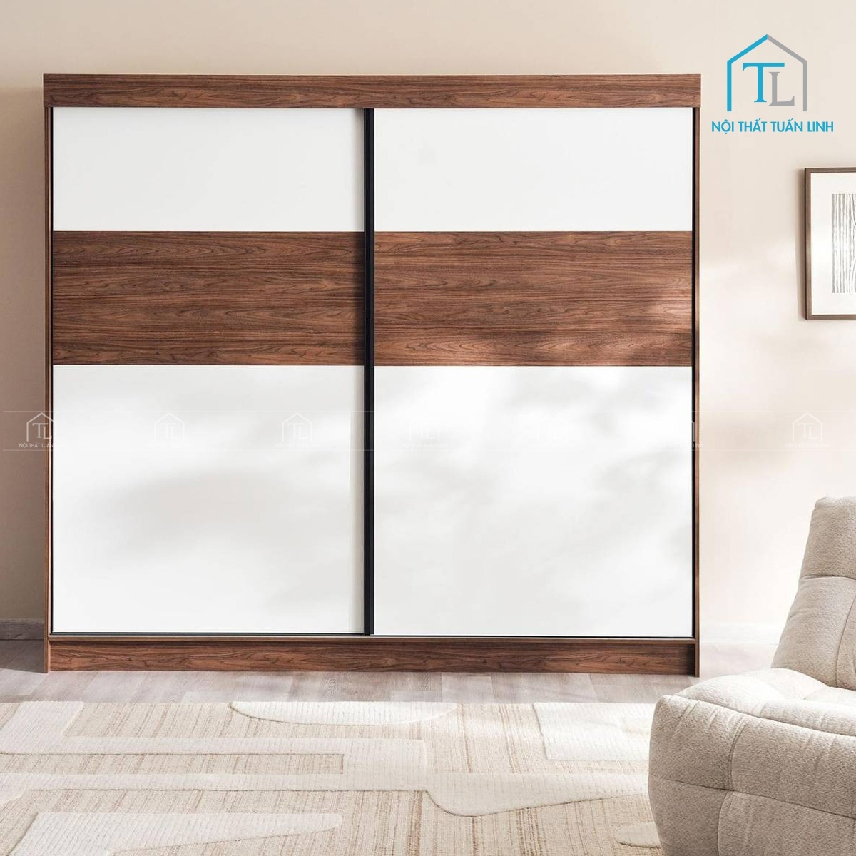 Tủ quần áo 2 cánh cửa lùa gỗ MDF vân gỗ óc chó cao cấp