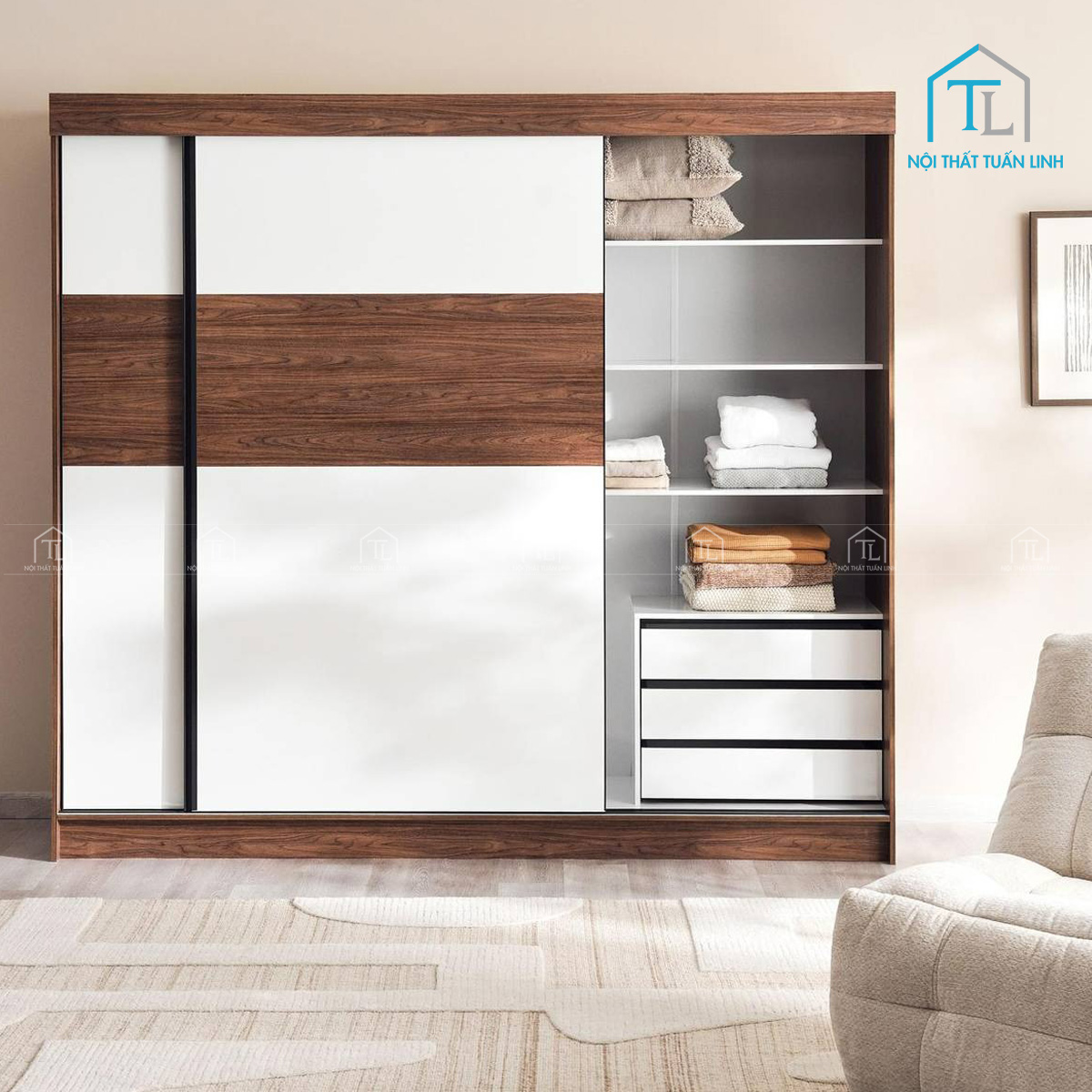Tủ quần áo 2 cánh cửa lùa gỗ MDF vân gỗ óc chó cao cấp
