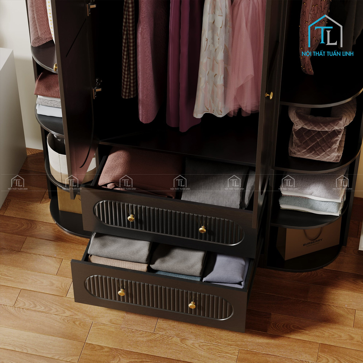 Tủ quần áo 2 cánh gỗ MDF phủ melamine màu đen thiết kế sọc đứng hiện đại