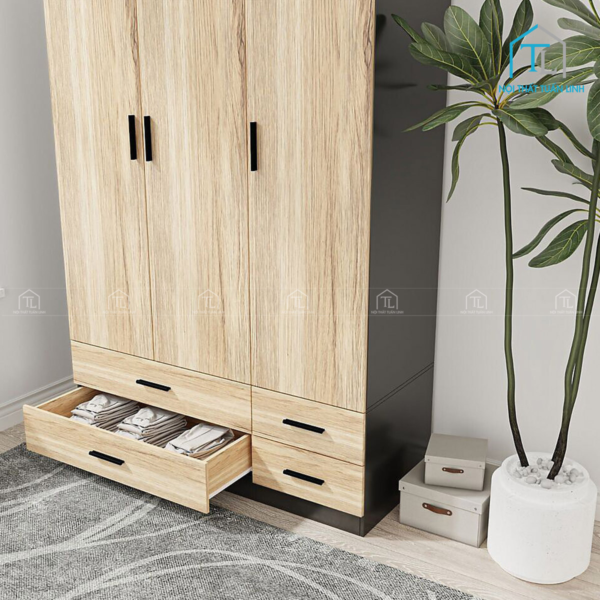 Tủ quần áo 3 cánh 4 ngăn kéo gỗ công nghiệp hiện đại