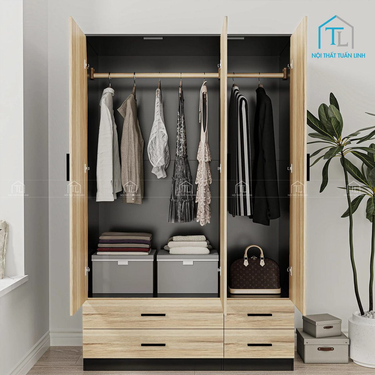 Tủ quần áo 3 cánh 4 ngăn kéo gỗ công nghiệp hiện đại