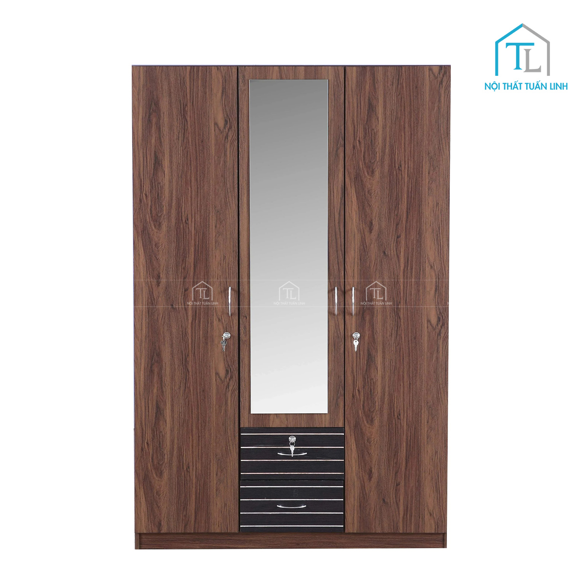 Tủ quần áo 3 cánh gỗ công nghiệp có gương thiết kế màu nâu vân gỗ