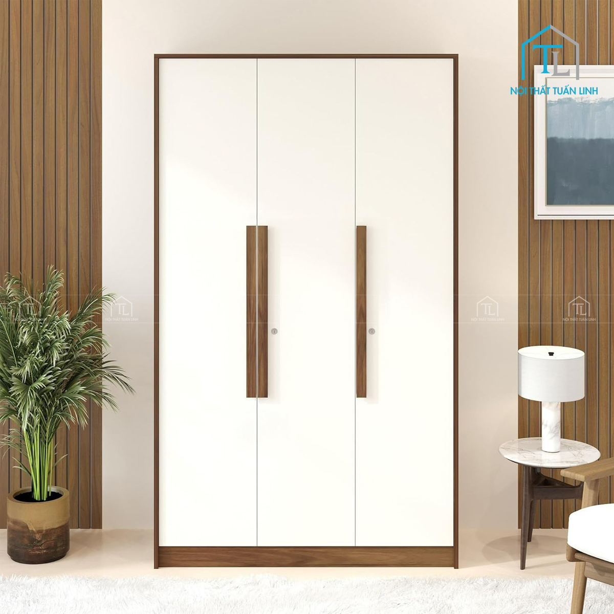 Tủ quần áo 3 cánh gỗ MDF phủ melamine màu nâu gỗ phối trắng