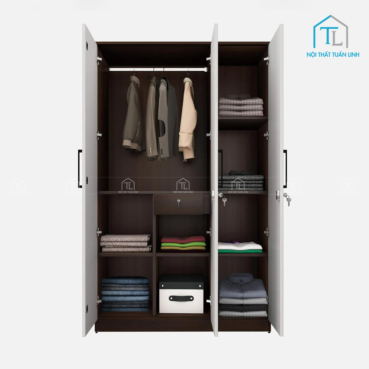 Tủ quần áo 3 cánh gỗ MDF phủ melamine màu trắng thiết kế hiện đại