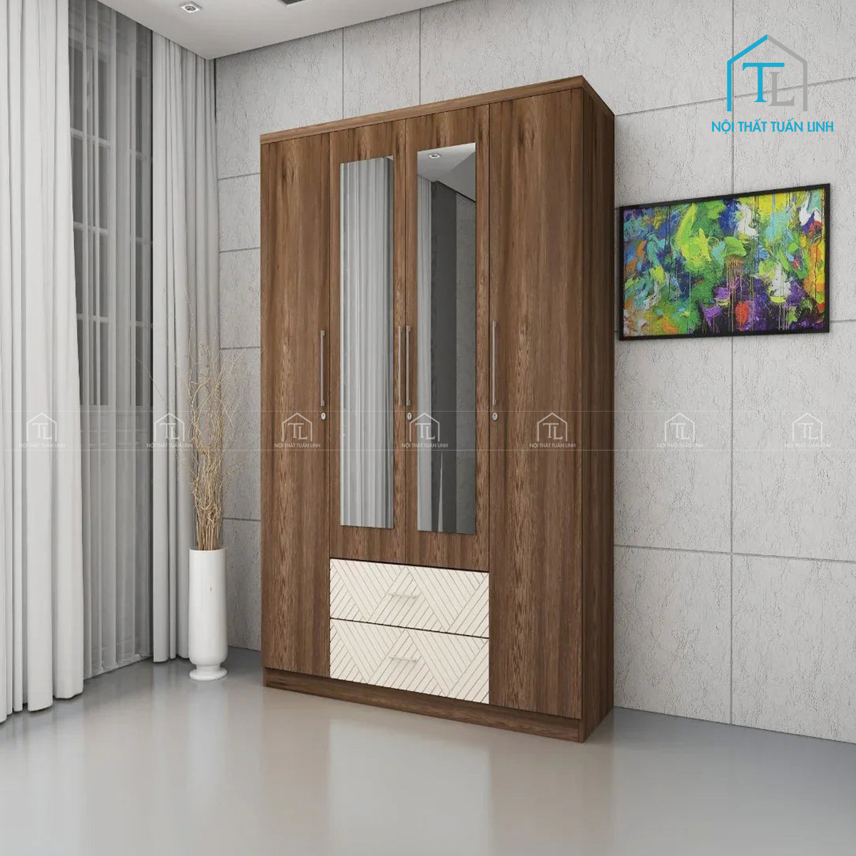 Tủ quần áo 4 cánh gỗ công nghiệp có gương màu nâu vân gỗ