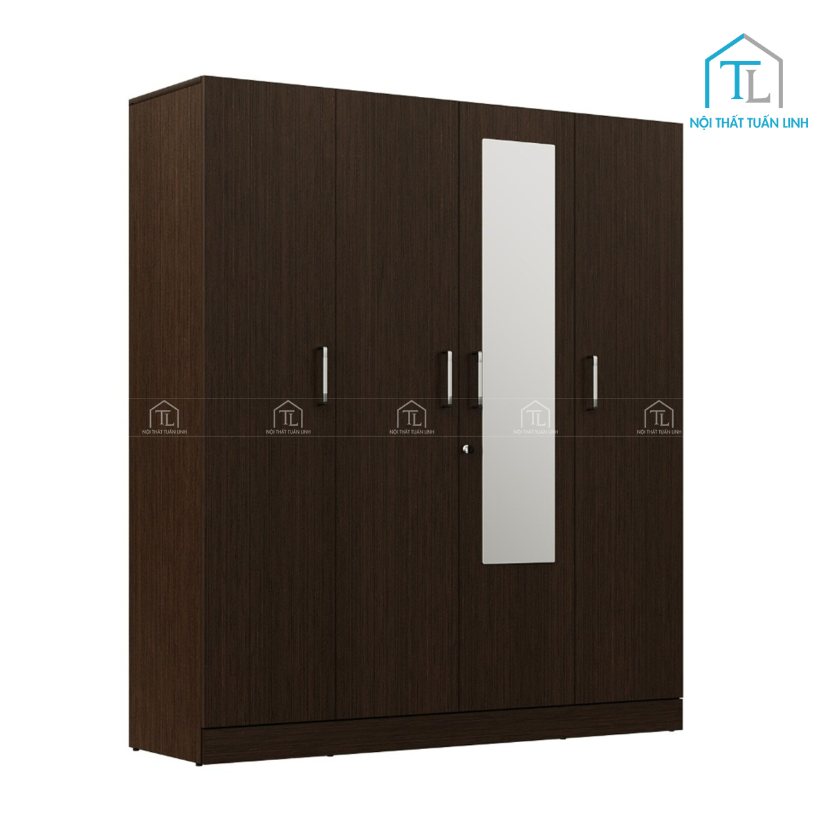 Tủ quần áo 4 cánh gỗ công nghiệp màu wenge có gương và ngăn kéo tiện lợi