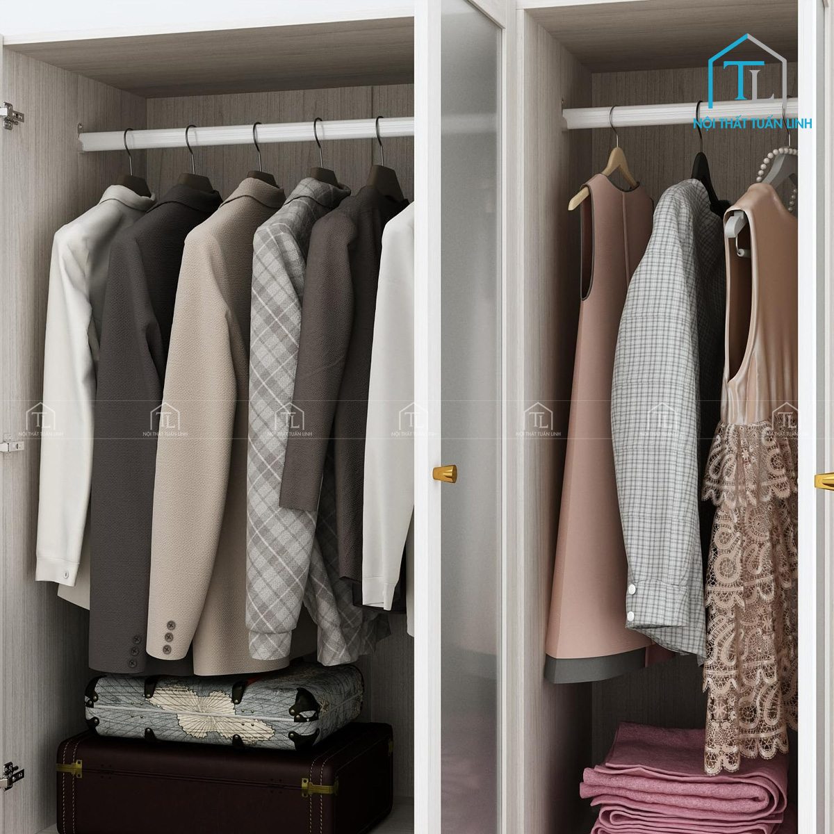Tủ quần áo 4 cánh gỗ MDF cửa kính mờ thiết kế hiện đại, có ngăn kéo tiện lợi