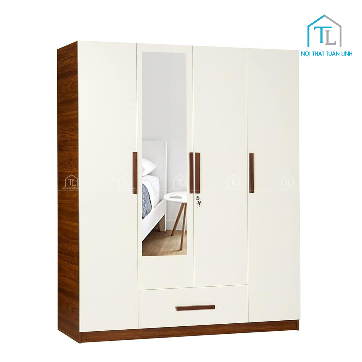 Tủ quần áo 4 cánh gỗ MDF màu trắng kết hợp gương soi hiện đại
