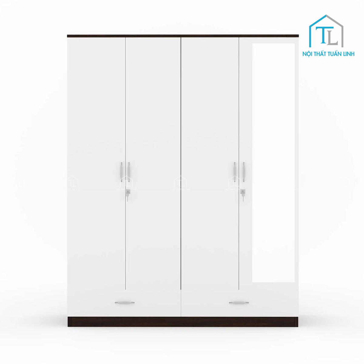 Tủ quần áo 4 cánh gỗ MDF màu gỗ óc chó phối trắng kèm gương hiện đại