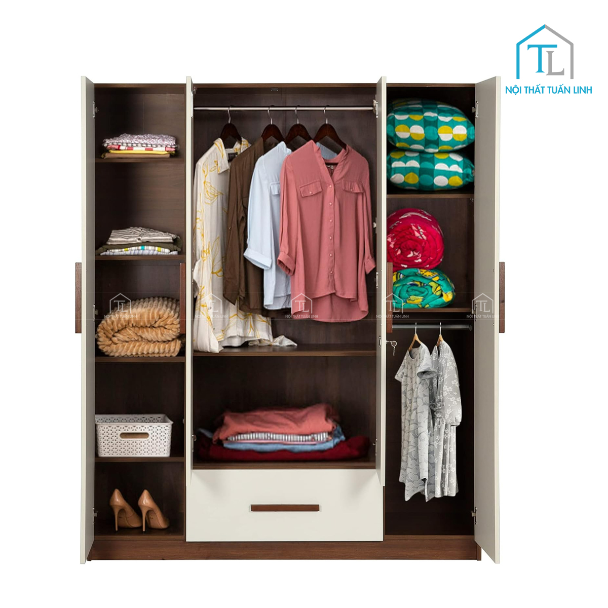 Tủ quần áo 4 cánh gỗ MDF màu trắng kết hợp gương soi hiện đại