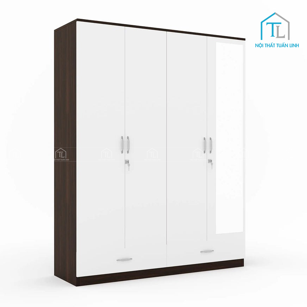 Tủ quần áo 4 cánh gỗ MDF màu gỗ óc chó phối trắng kèm gương hiện đại