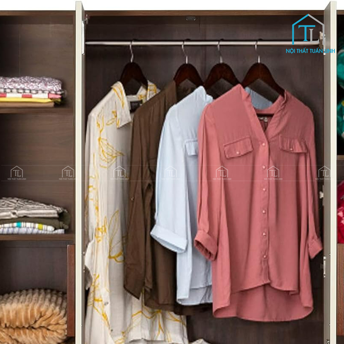 Tủ quần áo 4 cánh gỗ MDF màu trắng kết hợp gương soi hiện đại