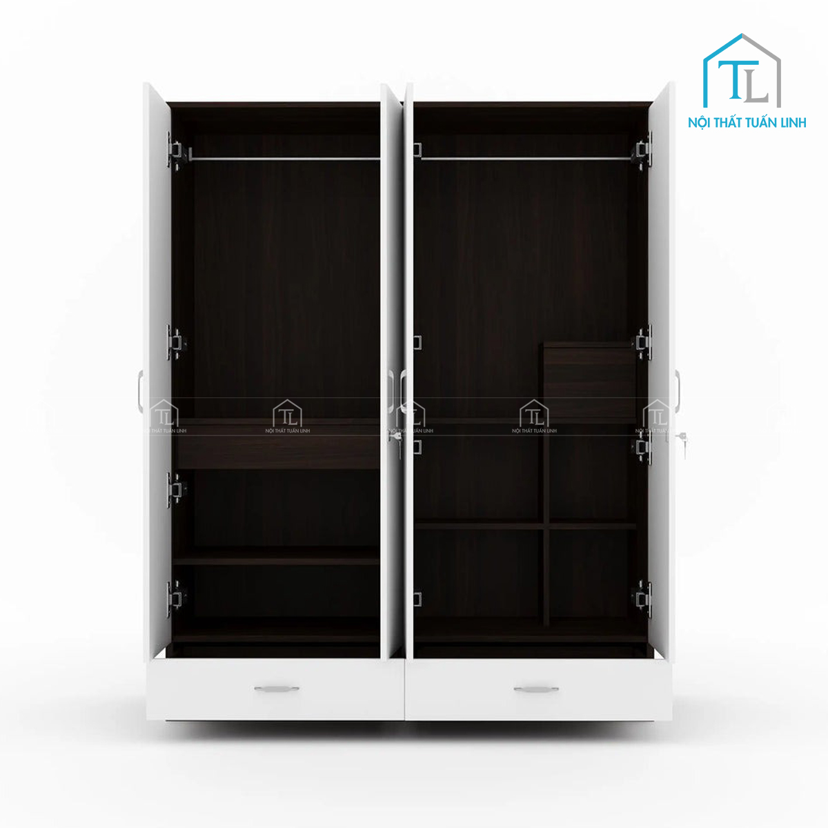 Tủ quần áo 4 cánh gỗ MDF màu gỗ óc chó phối trắng kèm gương hiện đại
