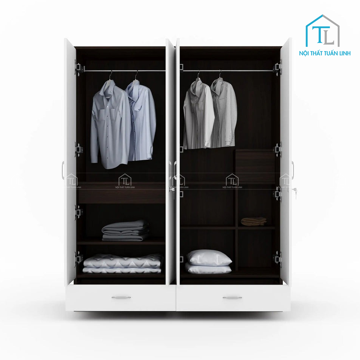 Tủ quần áo 4 cánh gỗ MDF màu gỗ óc chó phối trắng kèm gương hiện đại