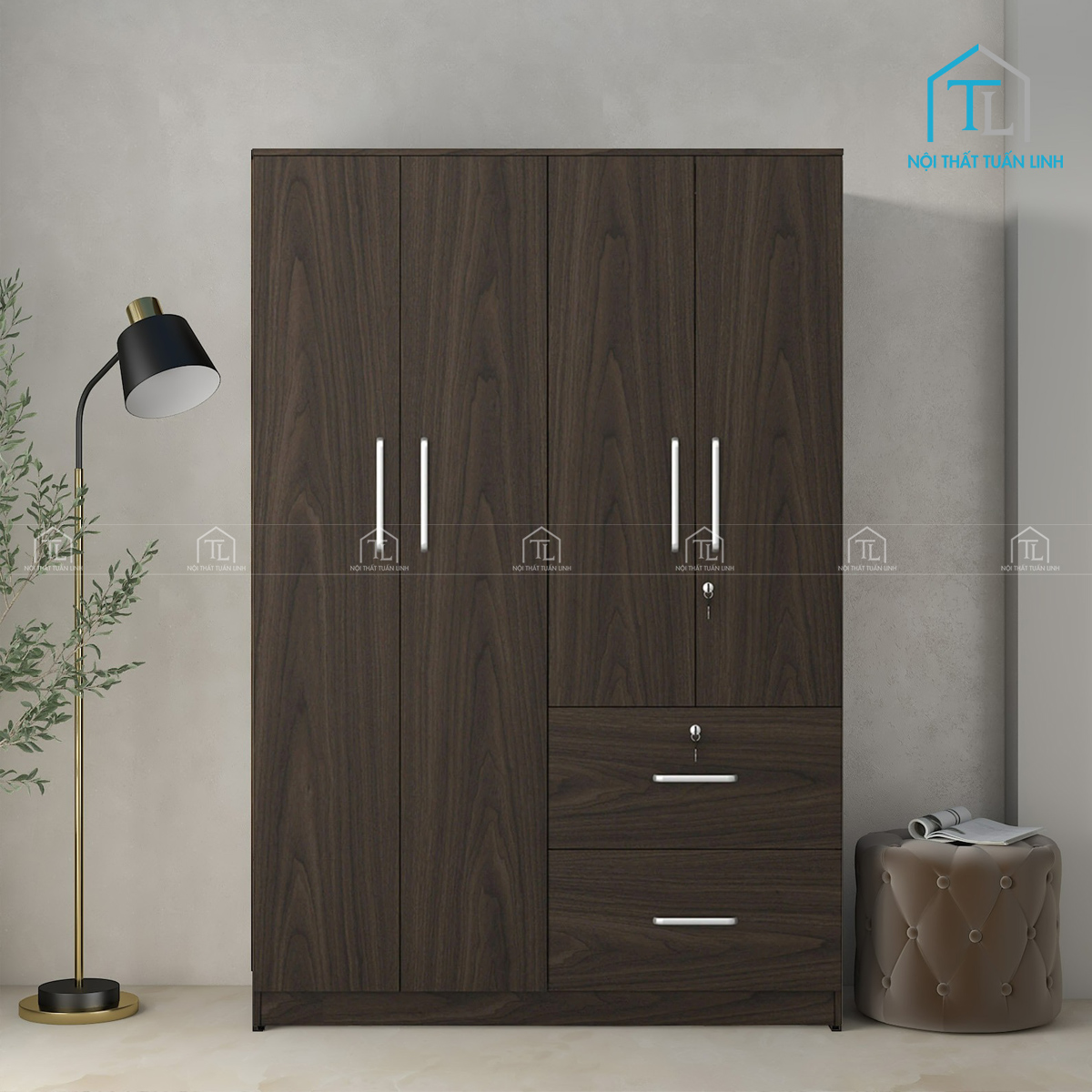 Tủ quần áo 4 cánh gỗ MDF màu óc chó có ngăn kéo