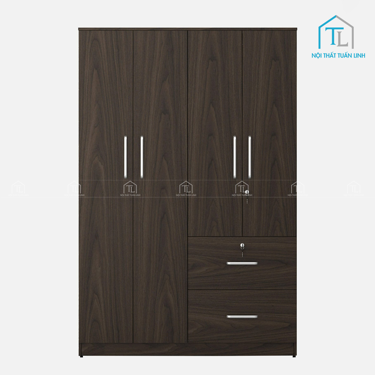 Tủ quần áo 4 cánh gỗ MDF màu óc chó có ngăn kéo