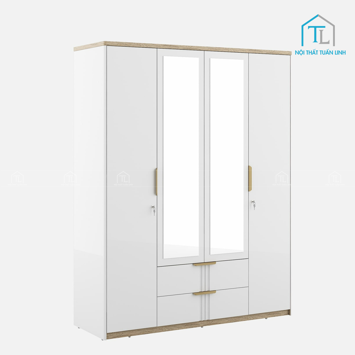 Tủ quần áo 4 cánh gỗ MDF màu trắng bóng thanh lịch, hiện đại