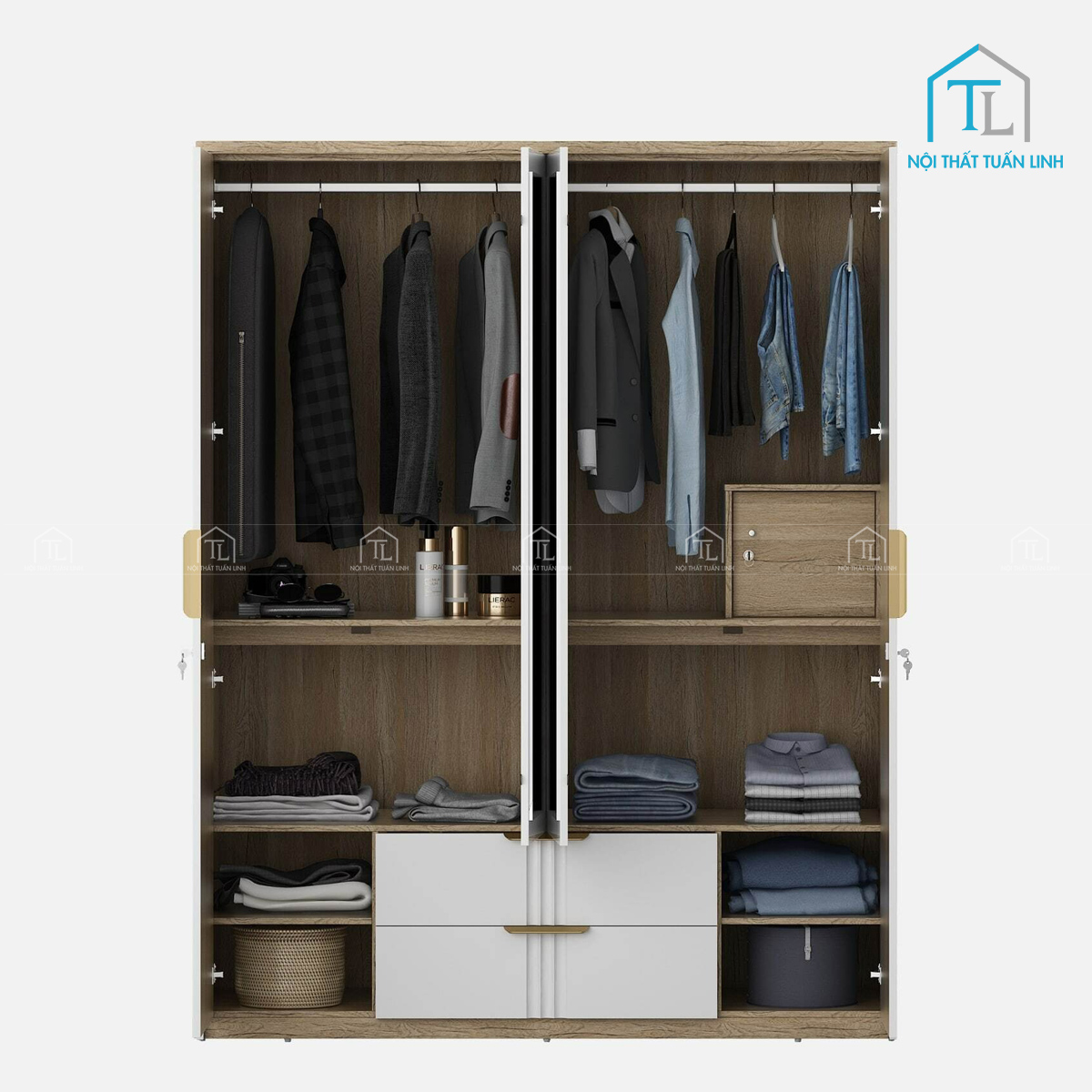 Tủ quần áo 4 cánh gỗ MDF màu trắng bóng thanh lịch, hiện đại