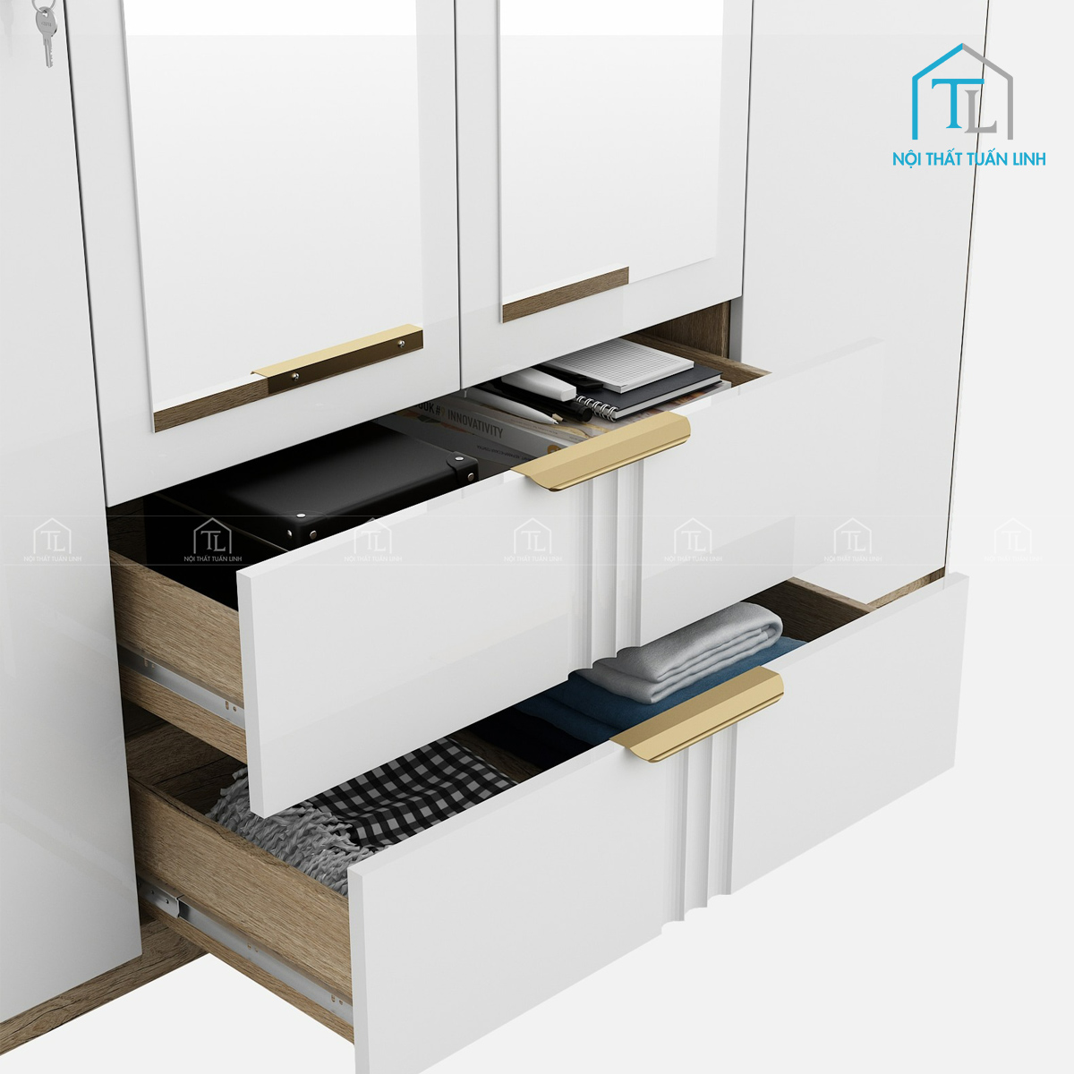 Tủ quần áo 4 cánh gỗ MDF màu trắng bóng thanh lịch, hiện đại