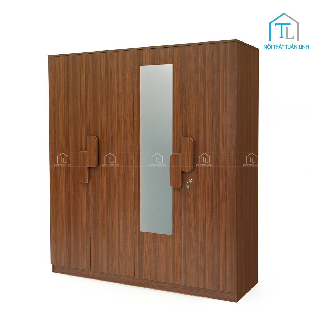 Tủ quần áo 4 cánh gỗ MDFmàu walnut kèm gương
