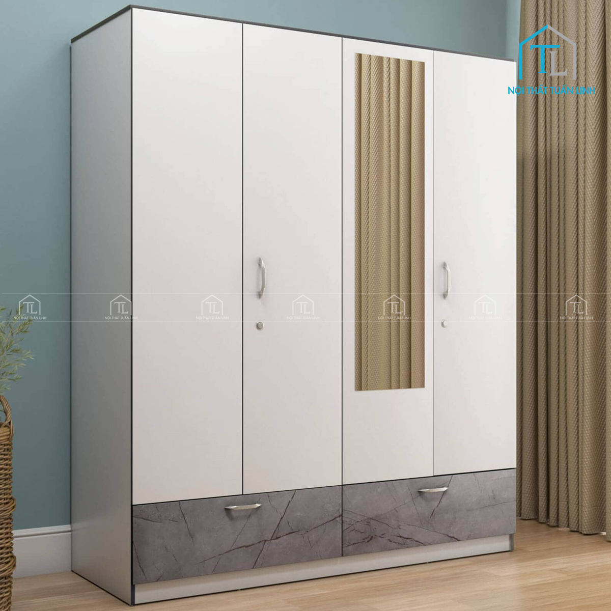 Tủ quần áo 4 cánh gỗ MDF phủ Melamine trắng kèm gương hiện đại
