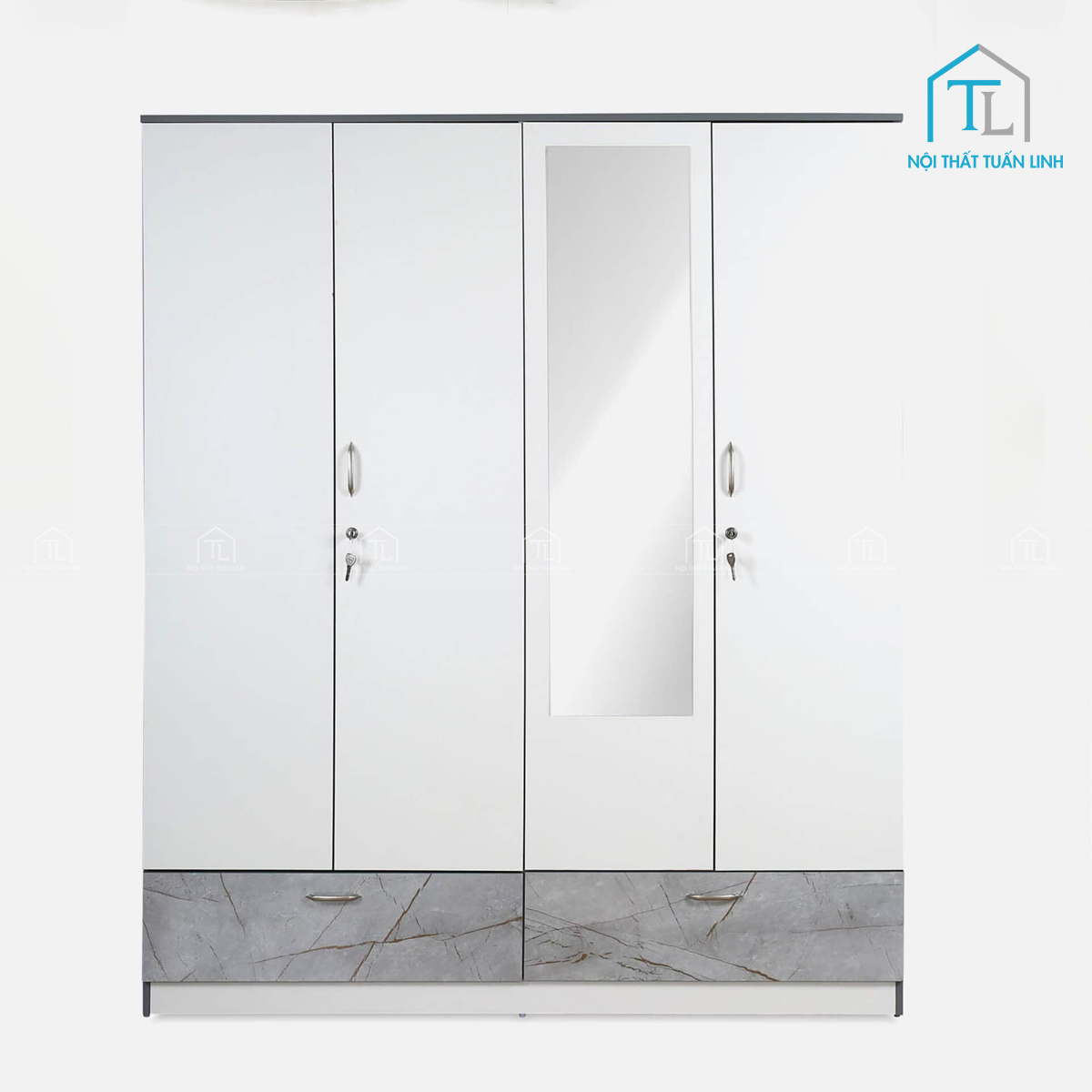 Tủ quần áo 4 cánh gỗ MDF phủ Melamine trắng kèm gương hiện đại