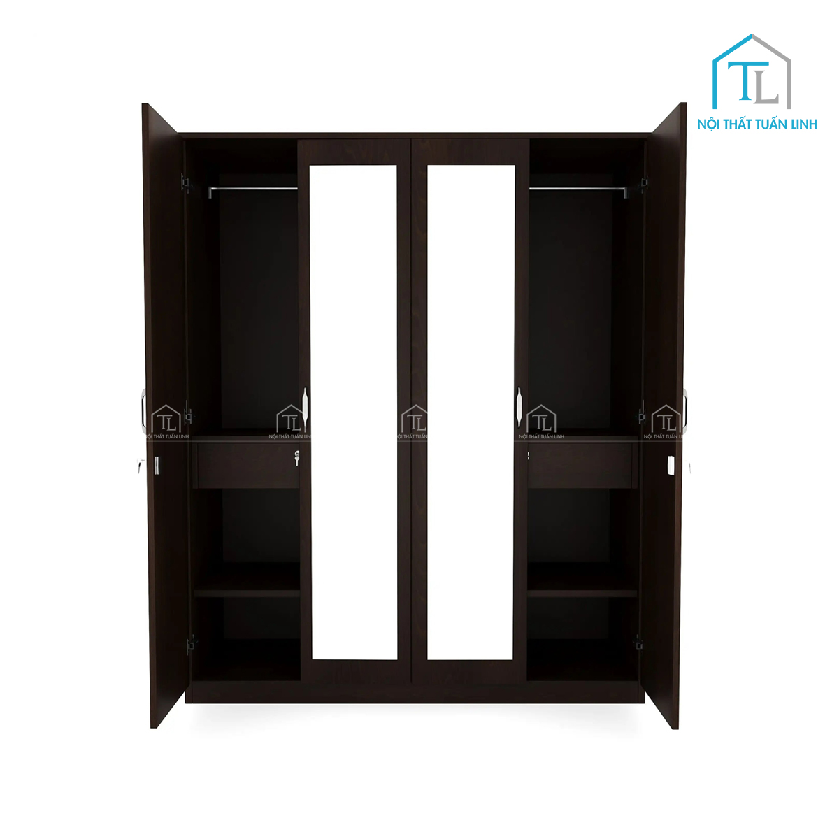 Tủ quần áo 4 cánh gỗ MDF phủ melamine màu wenge có gương soi