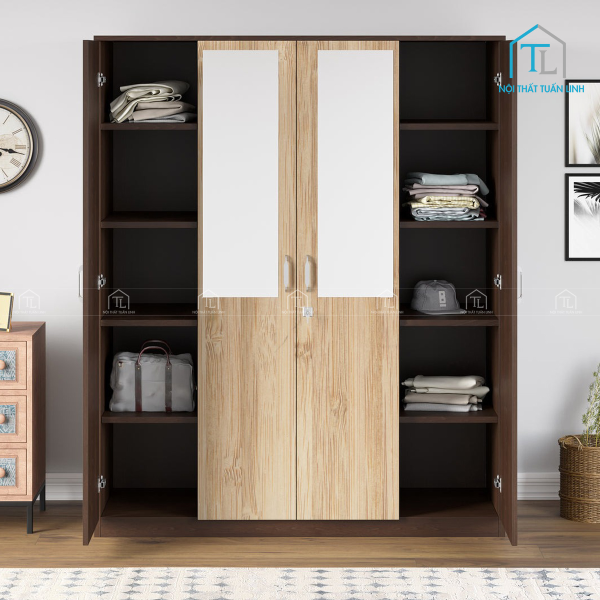 Tủ quần áo 4 cánh gỗ MDF thiết kế hiện đại, giá tốt