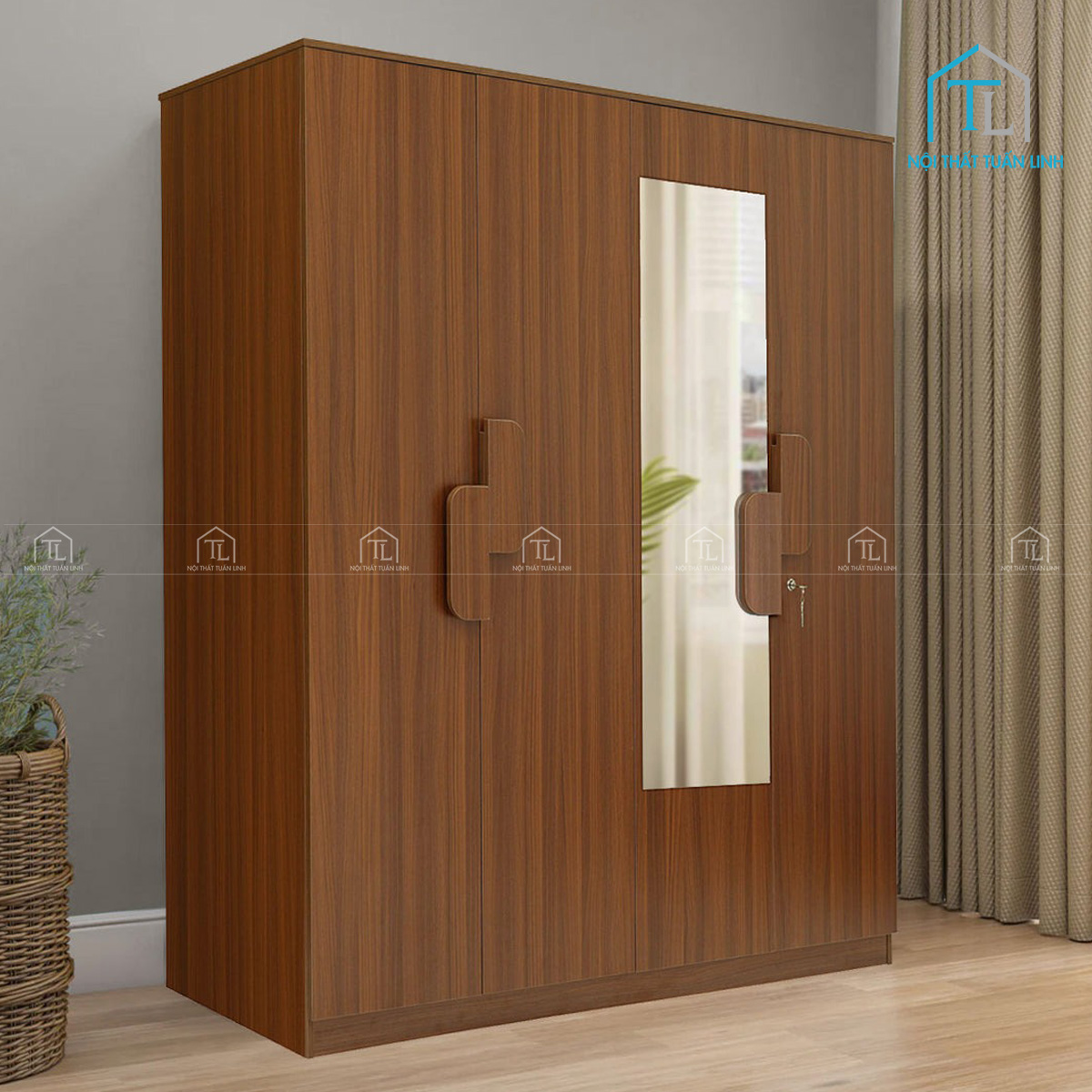 Tủ quần áo 4 cánh gỗ MDFmàu walnut kèm gương